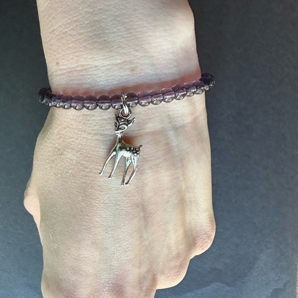 Handmade purple silver deer charm copper bracelet stretch elastic - Picture 1 of 5